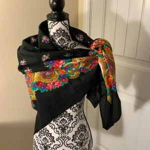 Black Floral Patterned Women's Scarf - Vibrant Multicolor Design